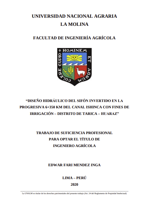 Diseño hidráulico del sifón invertido en la progresiva 6 + 350 KM del Canal Ishinca con fines de irrigación