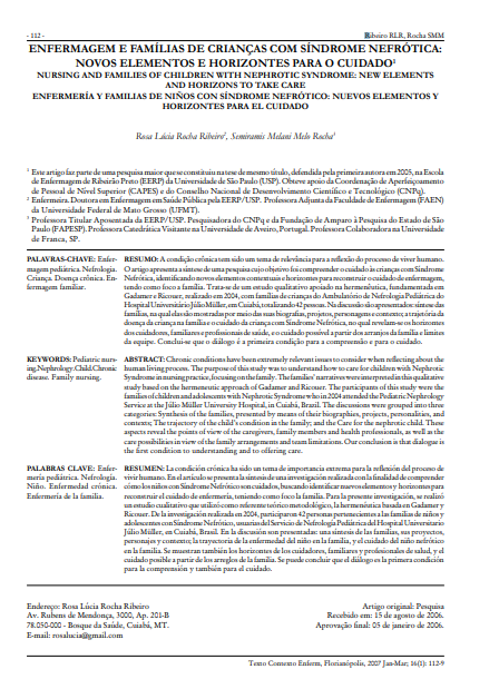 Enfermagem e famílias de crianças com síndrome nefrótica: novos elementos e horizontes para o cuidado