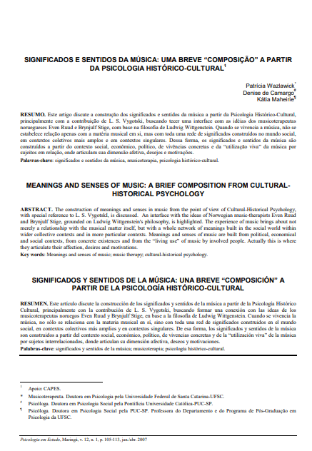 Significados e sentidos da música: uma breve &quot;composição&quot; a partir da psicologia histórico-cultural