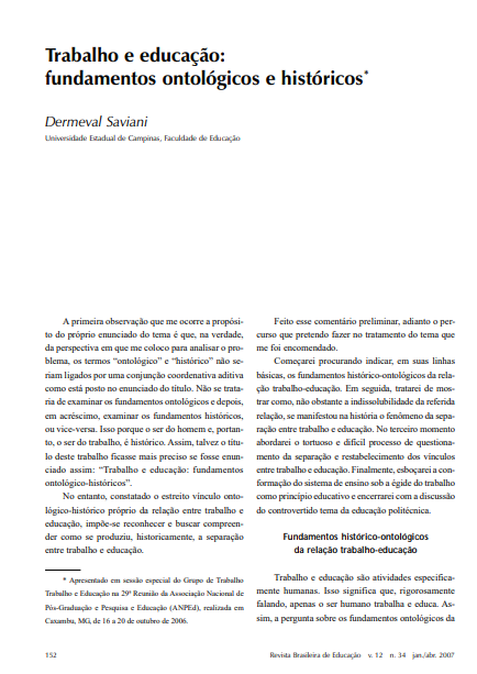 Trabalho e educação: fundamentos ontológicos e históricos