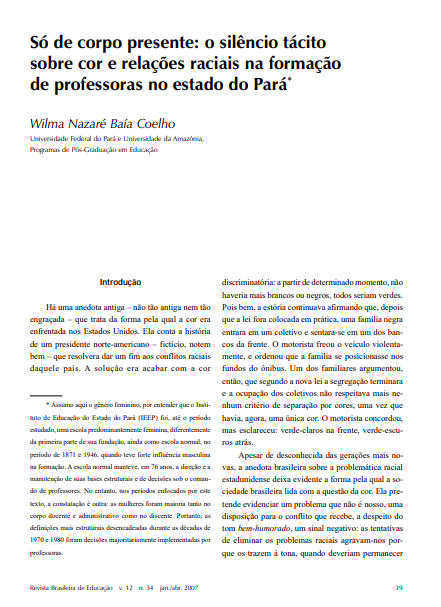 Só de corpo presente: o silêncio tácito sobre cor e relações raciais na formação de professoras no estado do Pará