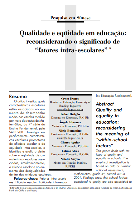 Qualidade e eqüidade em educação: reconsiderando o significado de &quot;fatores intra-escolares&quot;