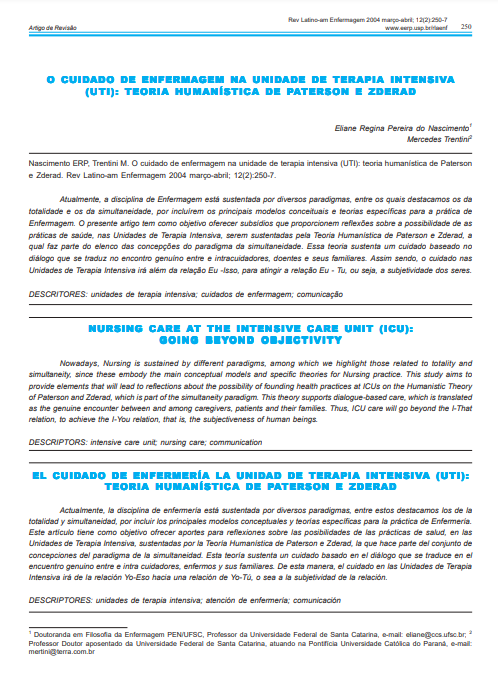 O cuidado de enfermagem na unidade de terapia intensiva (UTI): teoria humanística de Paterson e Zderad