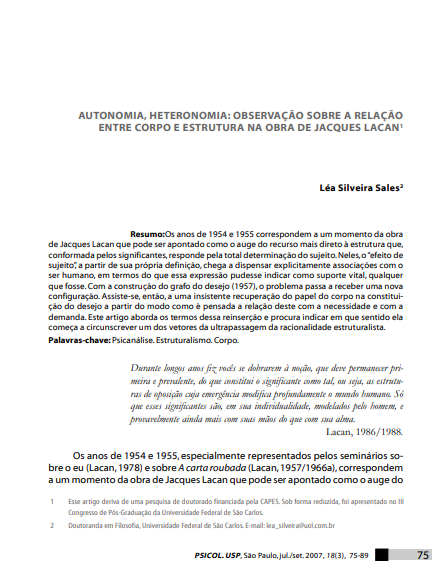 Autonomia, heteronomia: observação sobre a relação entre corpo e estrutura na obra de Jacques Lacan