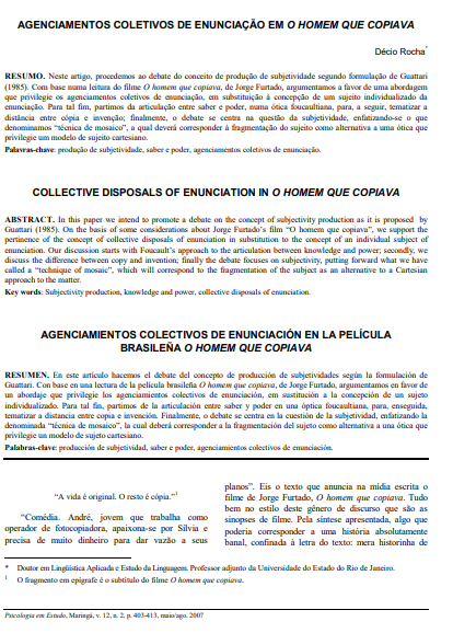 Agenciamentos coletivos de enunciação em o homem que copiava