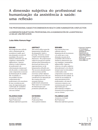 A dimensão subjetiva do profissional na humanização da assistência à saúde: uma reflexão