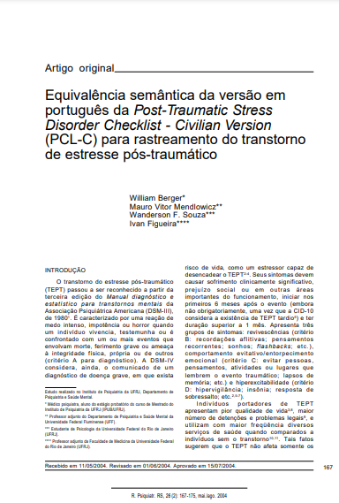 Equivalência semântica da versão em português da Post-Traumatic Stress Disorder Checklist - Civilian Version (PCL-C) para rastreamento do transtorno de estresse pós-traumático