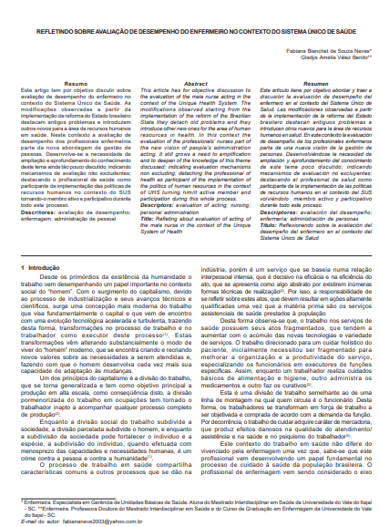 Refletindo sobre avaliação de desempenho do enfermeiro no contexto do sistema único de saúde