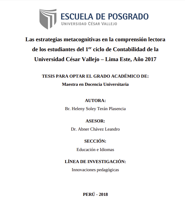 Las estrategias metacognitivas en la comprensión lectora de los estudiantes del 1er ciclo de Contabilidad