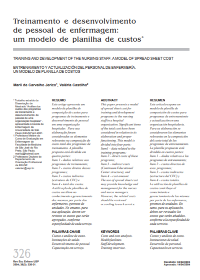 Treinamento e desenvolvimento de pessoal de enfermagem: um modelo de planilha de custos
