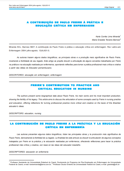 A contribuição de Paulo Freire à prática e educação crítica em enfermagem