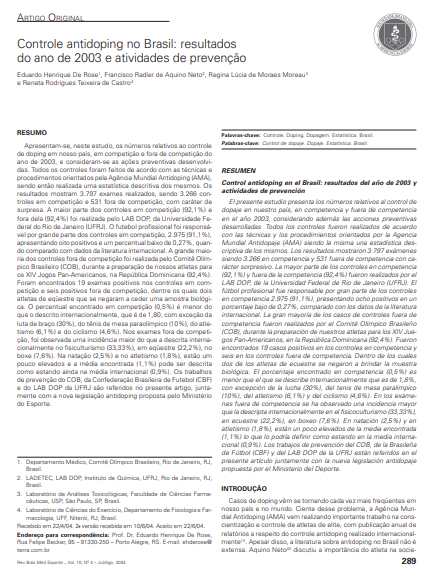 Controle antidoping no Brasil: resultados do ano de 2003 e atividades de prevenção