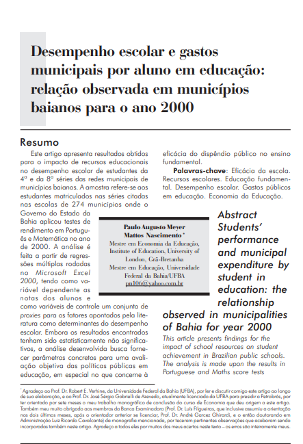 Desempenho escolar e gastos municipais por aluno em educação: relação observada em municípios baianos para o ano 2000