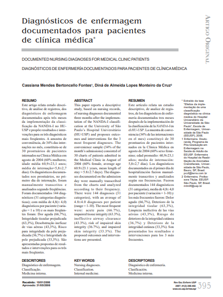 Diagnósticos de enfermagem documentados para pacientes de clínica médica