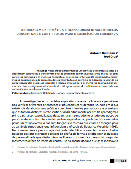 Abordagem carismática e transformacional: modelos conceptuais e contributos para o exercício da liderança