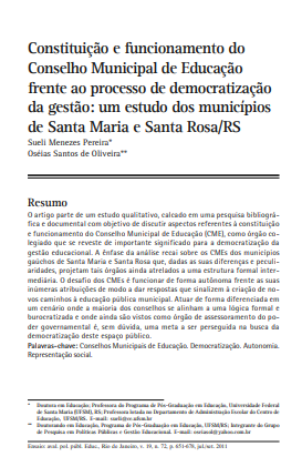 Constituição e funcionamento do Conselho Municipal de Educação frente ao processo de democratização da gestão: um estudo dos municípios de Santa Maria e Santa Rosa/RS