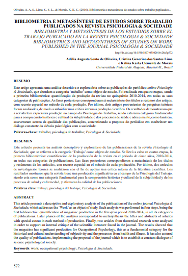 BIBLIOMETRIA E METASSÍNTESE DE ESTUDOS SOBRE TRABALHO PUBLICADOS NA REVISTA PSICOLOGIA &amp; SOCIEDADE