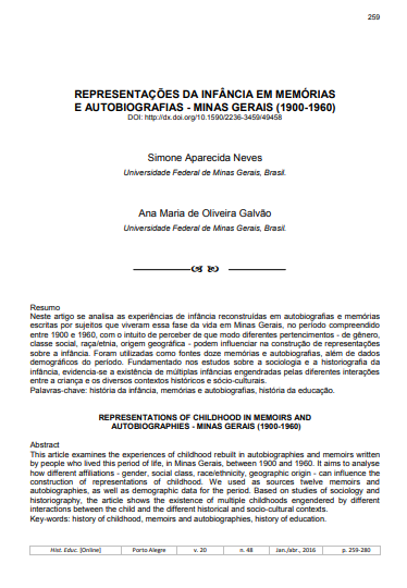 REPRESENTAÇÕES DA INFÂNCIA EM MEMÓRIAS E AUTOBIOGRAFIAS - MINAS GERAIS (1900-1960)