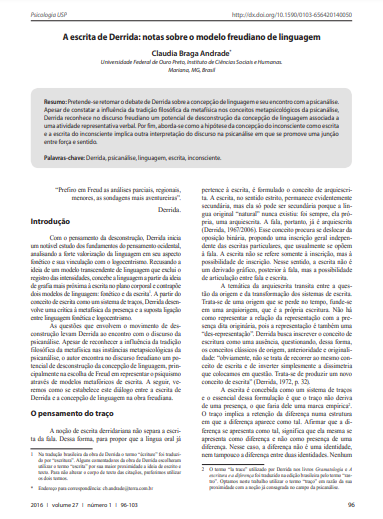 A escrita de Derrida: notas sobre o modelo freudiano de linguagem