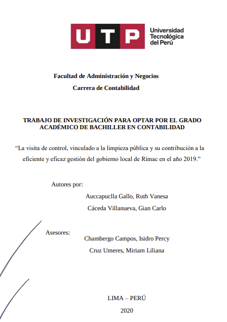 La visita de control, vinculado a la limpieza pública y su contribución a la eficiente y eficaz gestión de la mdr en 2019