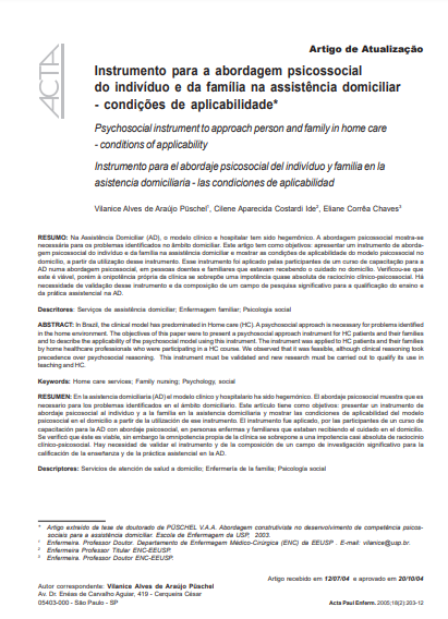 Instrumento para a abordagem psicossocial do indivíduo e da família na assistência domiciliar: condições de aplicabilidade