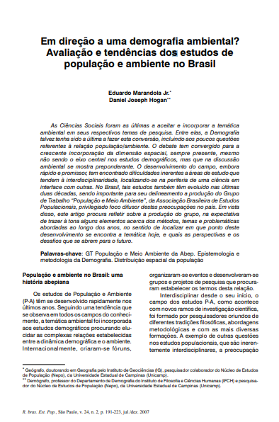Em direção a uma demografia ambiental? Avaliação e tendências dos estudos de população e ambiente no Brasil