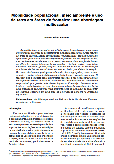 Mobilidade populacional, meio ambiente e uso da terra em áreas de fronteira: uma abordagem multiescalar