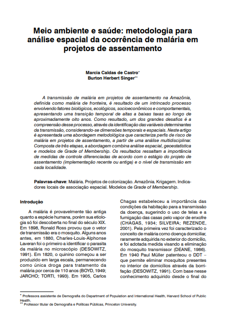 Meio ambiente e saúde: metodologia para análise espacial da ocorrência de malária em projetos de assentamento
