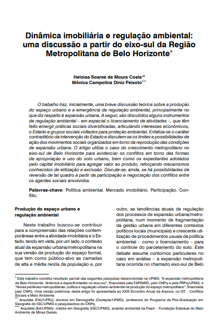 Dinâmica imobiliária e regulação ambiental: uma discussão a partir do eixo-sul da Região Metropolitana de Belo Horizonte