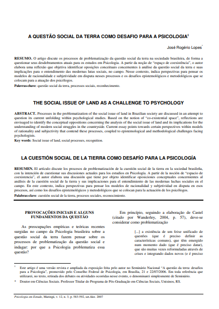 A questão social da terra como desafio para a psicologia