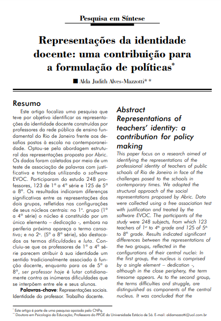 Representações da identidade docente: uma contribuição para a formulação de políticas