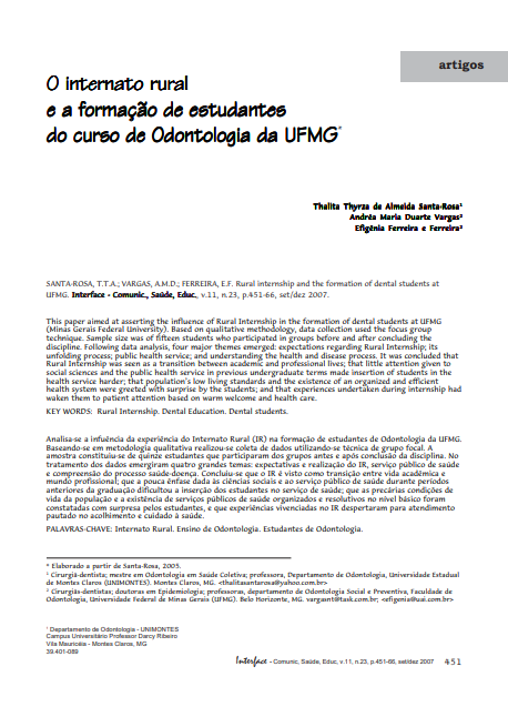 O internato rural e a formação de estudantes do curso de Odontologia da UFMG