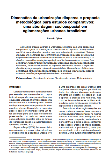 Dimensões da urbanização dispersa e proposta metodológica para estudos comparativos: uma abordagem socioespacial em aglomerações urbanas brasileiras