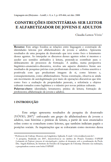 Construções identitárias: ser leitor e alfabetizador de jovens e adultos