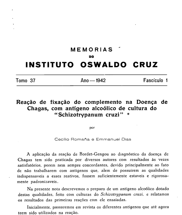 Reação de fixação do complemento na Doença de Chagas, com antígeno alcoólico de cultura do &quot;Schizotrypanum cruzi&quot;