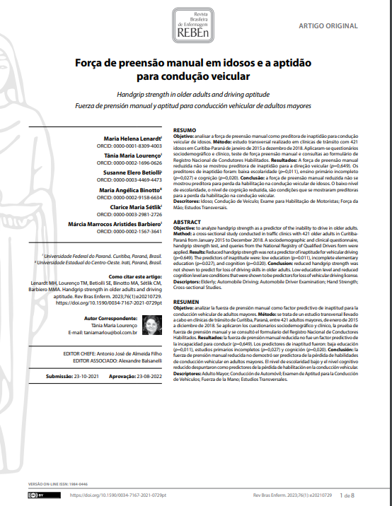 Handgrip strength in older adults and driving aptitude