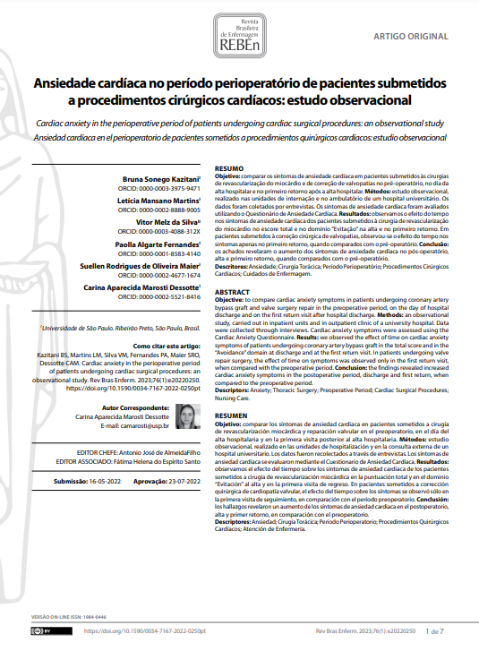 Cardiac anxiety in the perioperative period of patients undergoing cardiac surgical procedures: an observational study