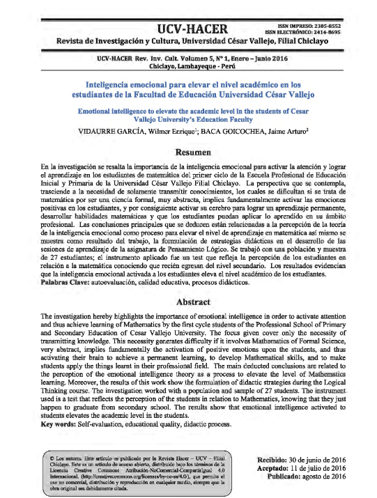 Inteligencia emocional para elevar el nivel académico en los estudiantes de la Facultad de Educación Universidad César Vallejo