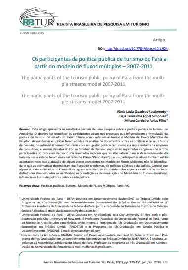 Os participantes da política pública de turismo do Pará a partir do modelo de fluxos múltiplos – 2007-2011