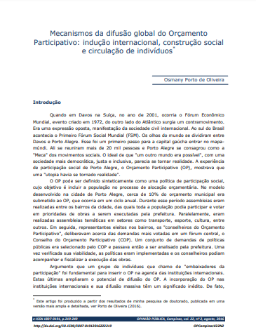 Mecanismos da difusão global do Orçamento Participativo: indução internacional, construção social e circulação de indivíduos