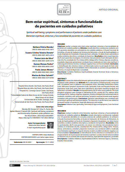 Spiritual well-being, symptoms and performance of patients under palliative care