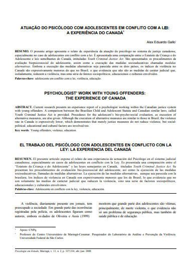 Atuação do psicólogo com adolescentes em conflito com a lei: a experiência do Canadá