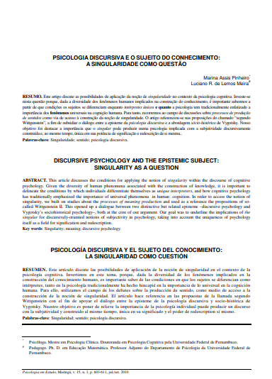 Psicologia discursiva e o sujeito do conhecimento: a singularidade como questão