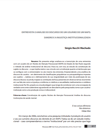 Entrevista e análise do discurso de um usuário de um NAPS: Sandro e a injustiça institucionalizada