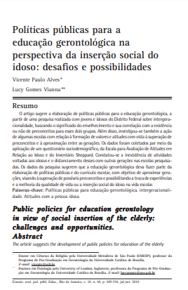 Políticas públicas para a educação gerontológica na perspectiva da inserção social do idoso: desafios e possibilidades