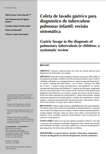 Coleta de lavado gástrico para diagnóstico de tuberculose pulmonar infantil: revisão sistemática