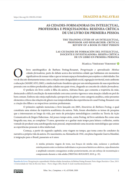 AS CIDADES-FORMADORAS DA INTELECTUAL, PROFESSORA E PESQUISADORA: RESENHA CRÍTICA DE UM LIVRO EM PRIMEIRA PESSOA