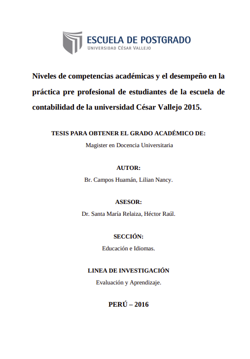 Niveles de competencias académicas y el desempeño en la práctica pre profesional de estudiantes de la escuela de contabilidad