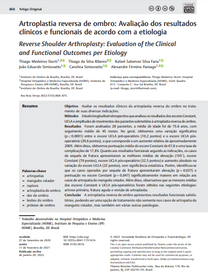Reverse Shoulder Arthroplasty: Evaluation of the Clinical and Functional Outcomes per Etiology