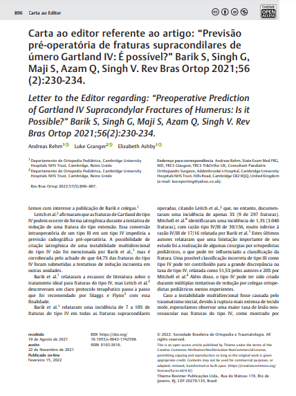 Letter to the Editor regarding: “Preoperative Prediction of Gartland IV Supracondylar Fractures of Humerus: Is it Possible?” Barik S, Singh G, Maji S, Azam Q, Singh V. Rev Bras Ortop 2021;56(2):230-234.